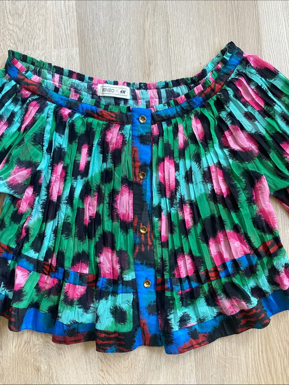 KENZO x H&M Pleated Floral Print Blouse Green Pink Blue Size 6 - Picture 2 of 13